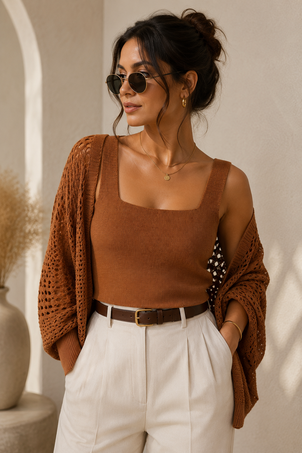 Cardigan Tricô Vazado Caramelo