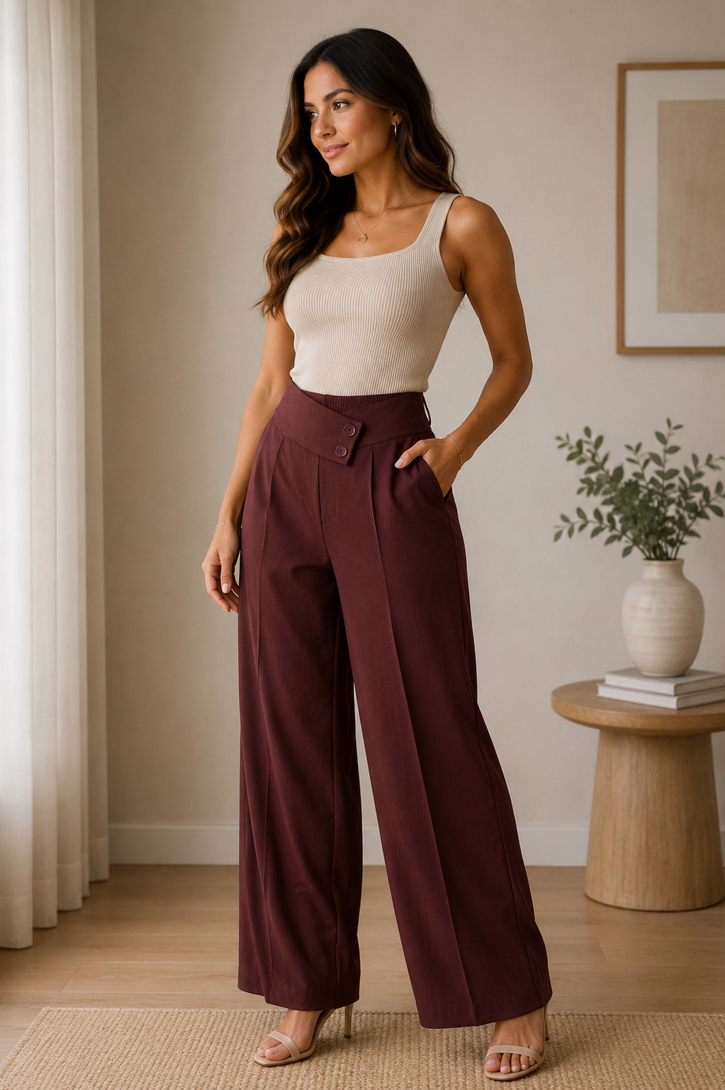 Calça Pantalona com Cós Transpassado