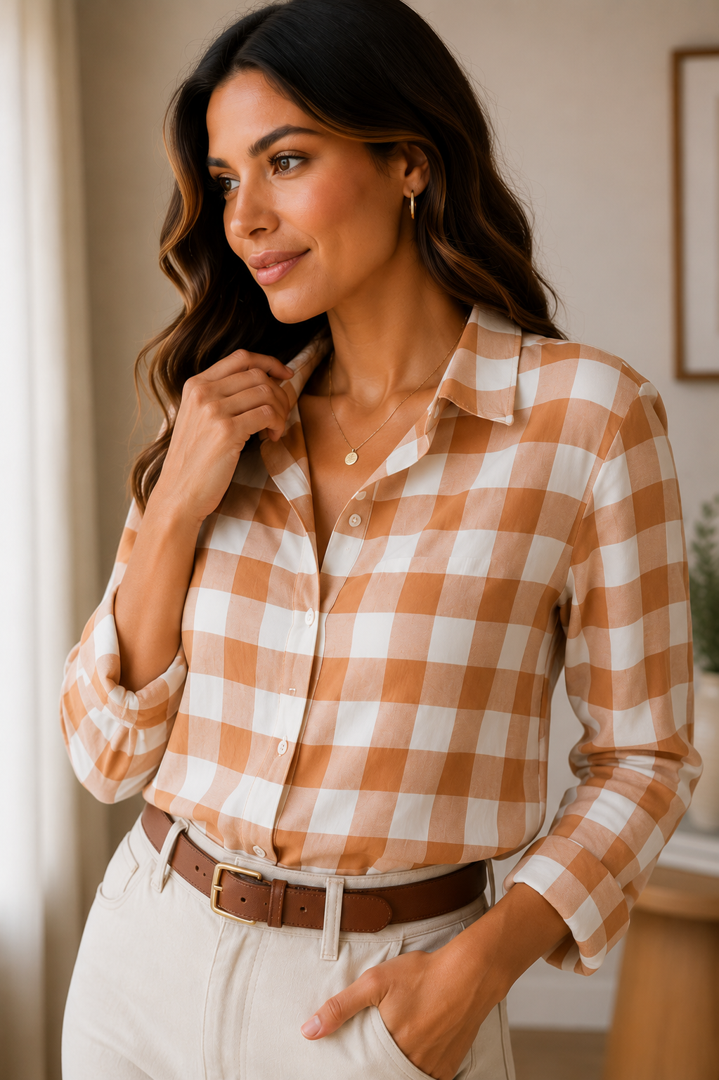Camisa Social Xadrez Caramelo