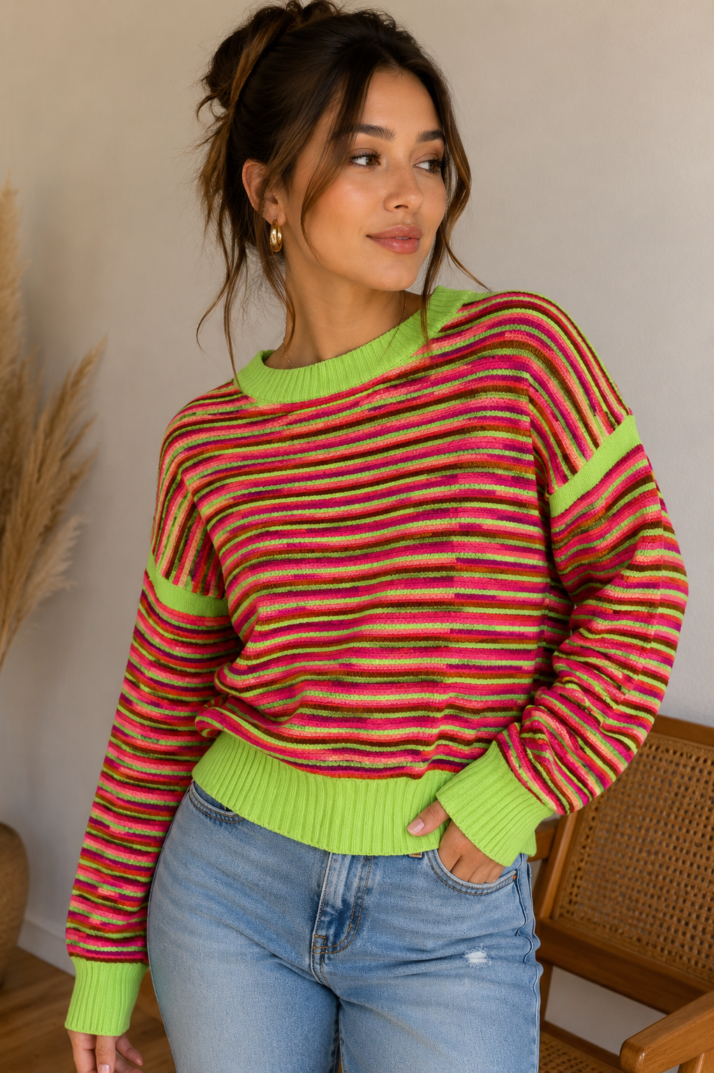 Suéter Tricot Listrado Neon
