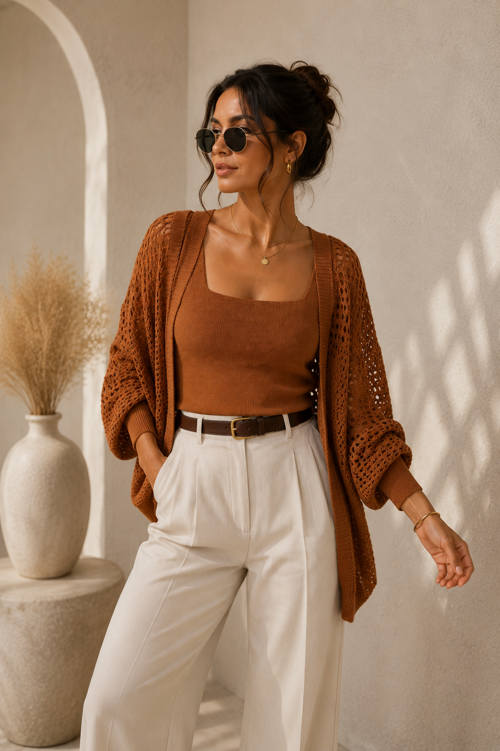 Cardigan Tricô Vazado Caramelo