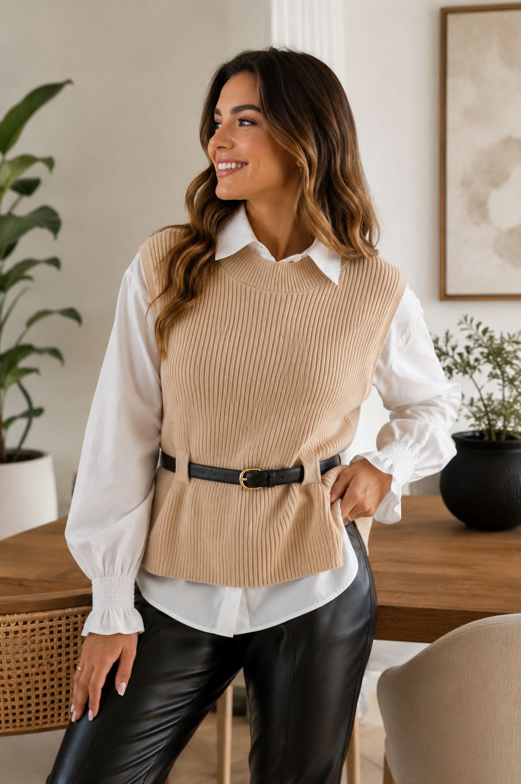 Conjunto Tricô Canelado Bege com Cinto