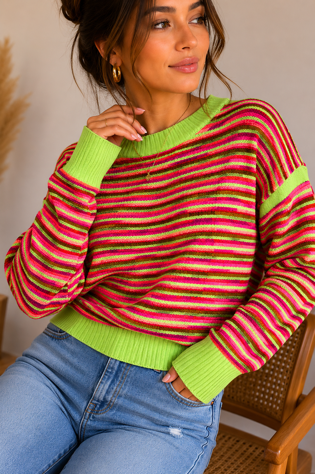 Suéter Tricot Listrado Neon