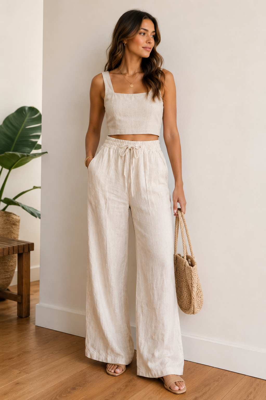 Calça Pantalona Off White com Amarração