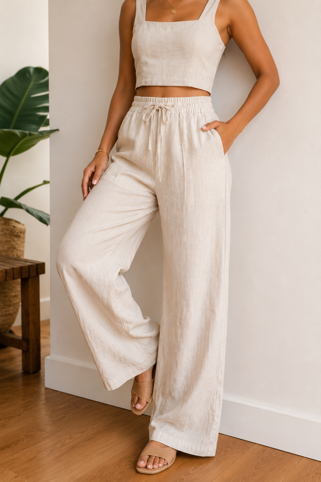 Calça Pantalona Off White com Amarração