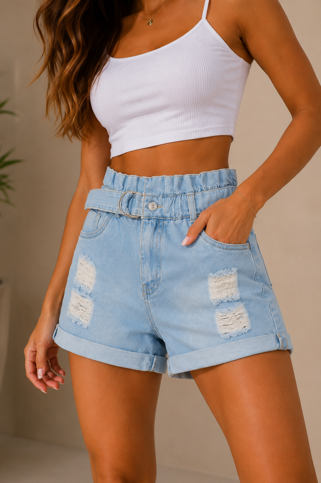 Shorts Jeans Destroyed Cintura Alta